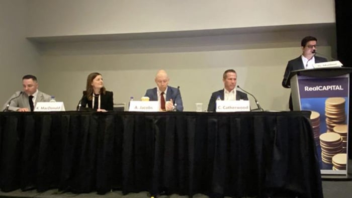 RealCapital commercial real estate panelists, from left, Amadeo Prete of BentallGreenOak, BMO Global Asset Management's Kate MacDonald,  Collliers' Adam Jacobs, Fengate Asset Management's Colin Catherwood, and moderator Gaurav Mathur.