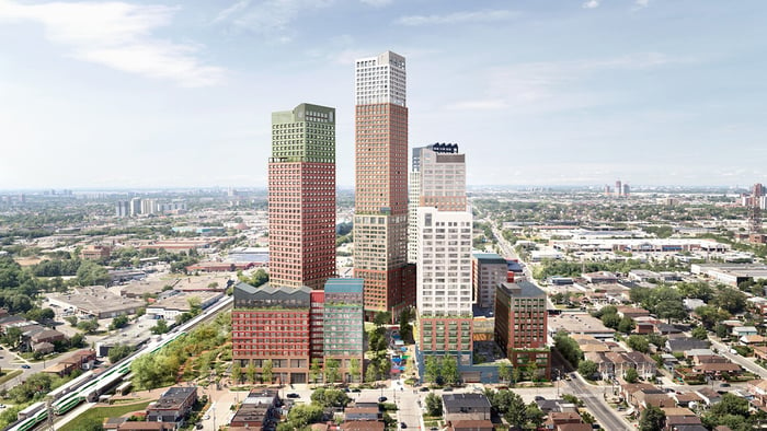 An aerial view looking north to Beltline Yards, designed by Allies and Morrison for Hullmark and BGO