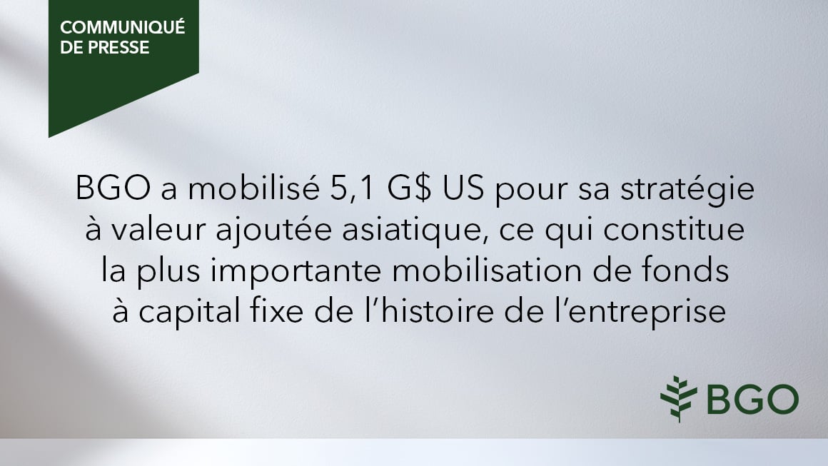 BGO a mobilisé 5,1 G$ US pour sa stratégie à valeur ajoutée asiatique, ce qui constitue la plus importante mobilisation de fonds à capital fixe de l’histoire de l’entreprise