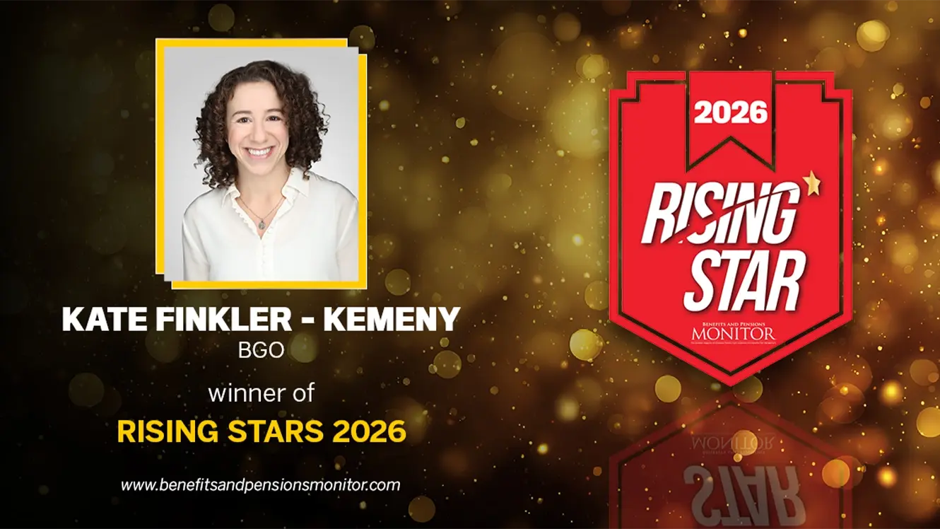 Kate Finkler-Kemeny of BGO, recipient of the Benefits and Pensions Monitor Rising Stars 2026 award, pictured alongside the official award badge.