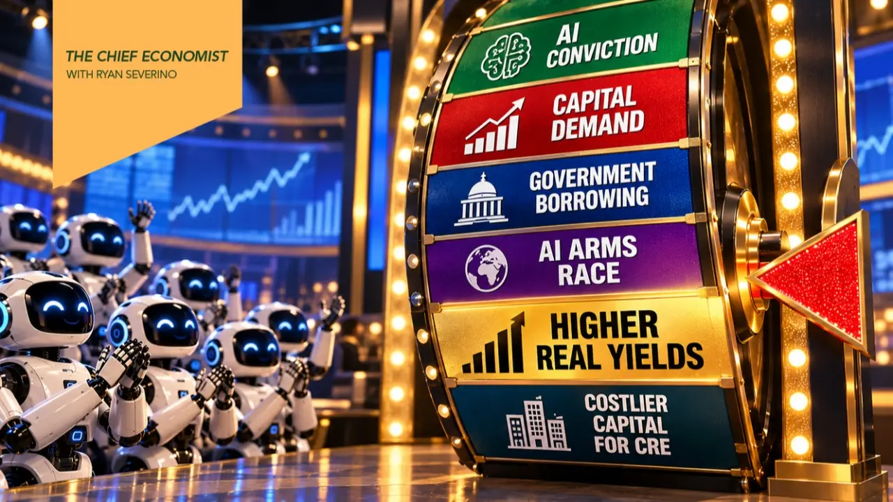 Vignette de The Chief Economist de BGO montrant une roue de jeu télévisé mettant en évidence la conviction envers l’IA, la demande de capitaux, les emprunts publics, la hausse des taux réels et le coût accru du capital pour l’immobilier commercial, avec de petits robots au premier plan.