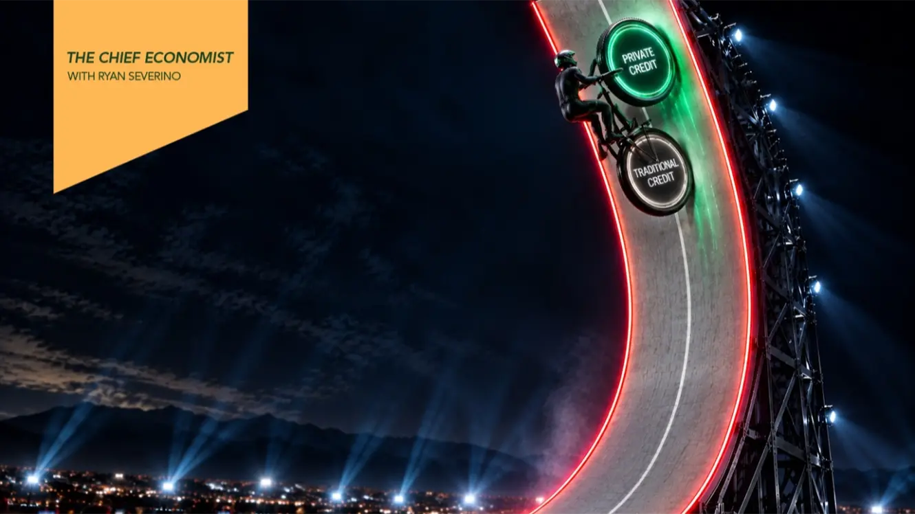 A cyclist climbs a steep, illuminated track at night toward a green Private Credit sign above a Traditional Credit sign, illustrating the evolving credit landscape. A yellow banner in the upper-left corner reads The Chief Economist with Ryan Severino.